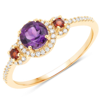 "0.66 Carat Genuine Amethyst, Garnet and White Diamond 10K Yellow Gold Ring"